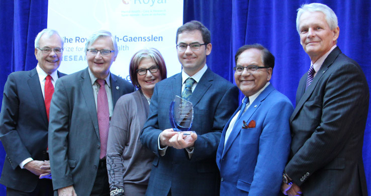 L-R: Dr. Chris Carruthers, Chair, Mach-Gaensslen Foundation of Canada; George Weber, President & CEO, The Royal; Louise Bradley, CEO, Mental Health Commission of Canada; Dr. Rudolf Uher, 2016 Award Recipient; Dr. Zul Merali, President & CEO, IMHR; Scott McLean, Chair, The Royal's Board of Trustees (CNW Group/The Royal)